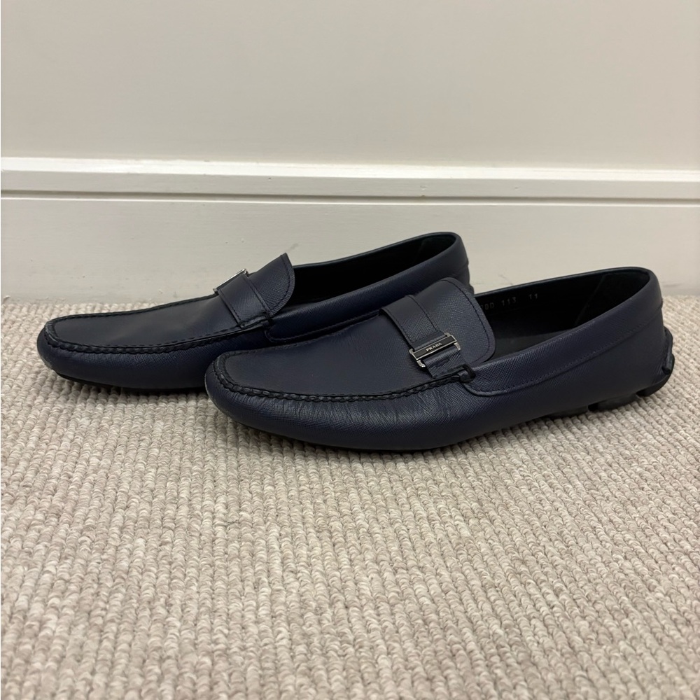Prada Men's Blue Leather Penny Loafers - Picture 2 of 6